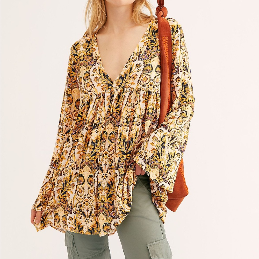 Free People Bella printed tunic taupe combo, size S